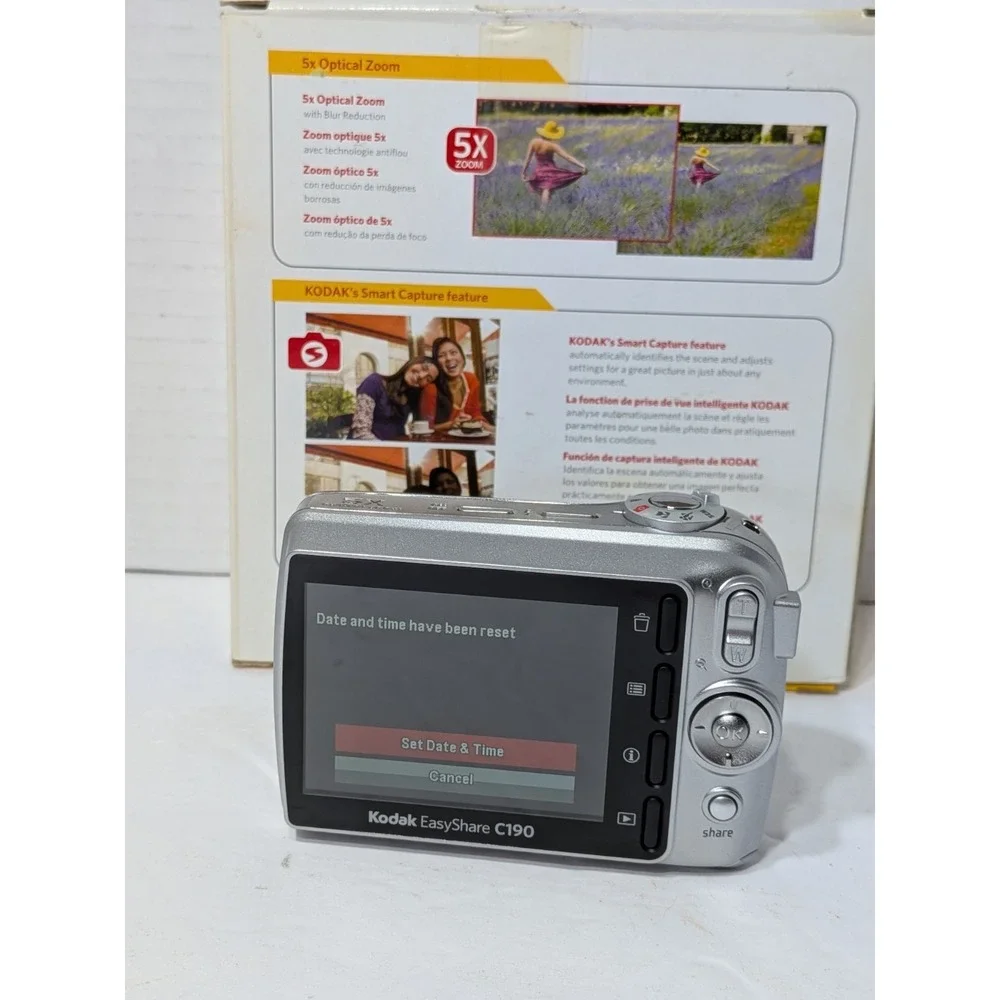 Kodak Digital Camera EasyShare C190 12MP 5X Optical Zoom Silver Tested 4gb Card